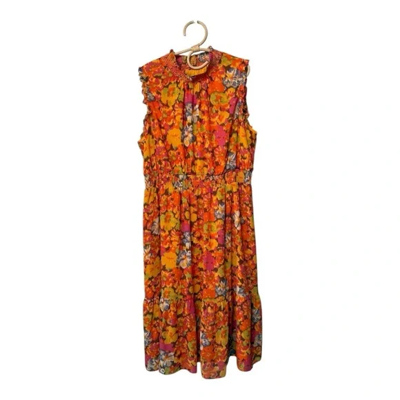 J Crew Smocked Waist Ruffle Sleeveless Maxi Flowy Orange Sunset Floral XXL NWOT - Picture 12 of 16